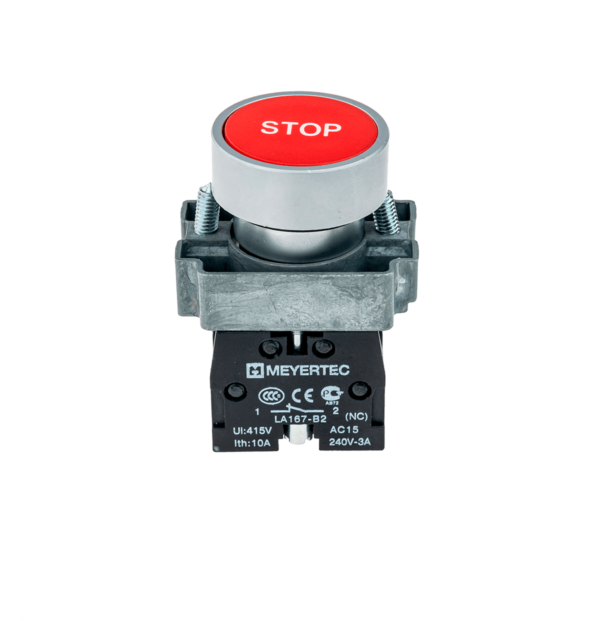 MTB2-BAZ12434 - Кнопка плоская, маркировка "stop", 1NC, металл