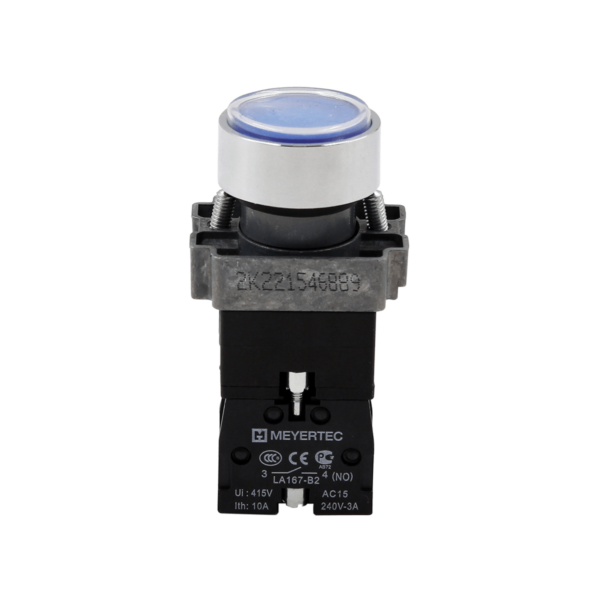 MTB2-BWF3661 - Кнопка плоская синяя с подсветкой, 220V AC/DC, 1NO, IP67, металл