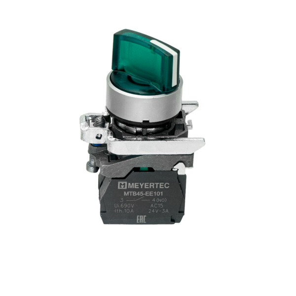 MTB4-BK33711 - Переключатель  на 3 положения с фиксацией и подсветкой, зеленый, 1NO, 24V AC/DC, IP65, металл