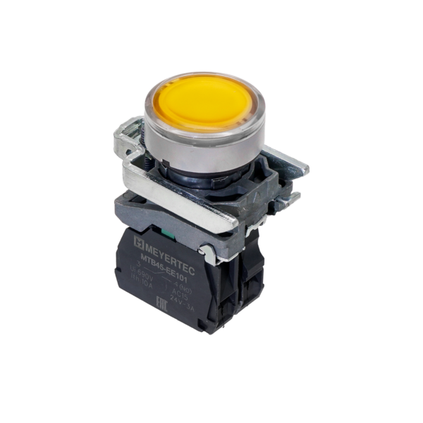 MTB4-BW35713 - Кнопка желтая с подсветкой, 1NO, 220V AC/DC, IP65, металл
