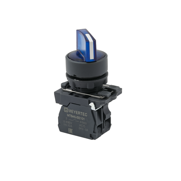 MTB5-AK26711 - Переключатель  на 2 положения с фиксацией и подсветкой, синий, 1NO, 24V AC/DC, IP65, пластик
