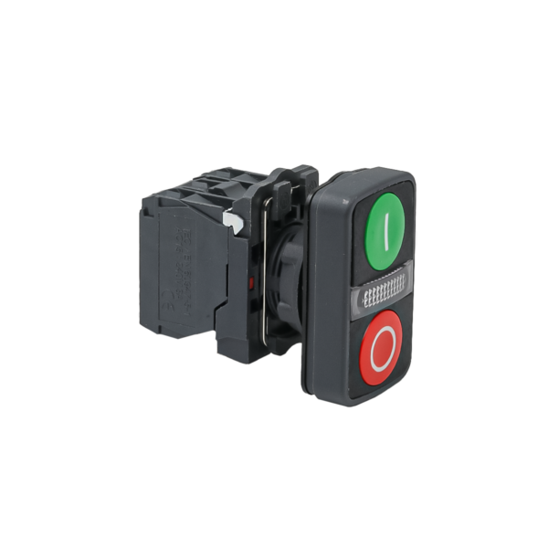 MTB5-AW83753 - Кнопка двойная плоская с подсветкой, красная/зеленая, маркировка "I+O", 1NO+1NC, 220V AC/DC, IP65, пластик