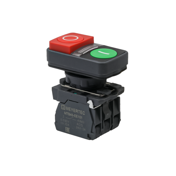MTB5-AW84751 - Кнопка двойная выступающая с подсветкой, красная/зеленая, маркировка "I+O", 1NO+1NC, 24V AC/DC, IP65, пластик