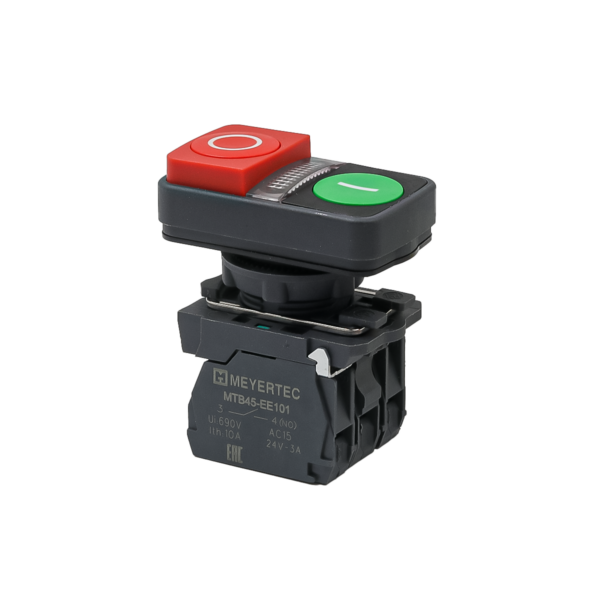 MTB5-AW84753 - Кнопка двойная выступающая с подсветкой, красная/зеленая, маркировка "I+O", 1NO+1NC, 220V AC/DC, IP65, пластик
