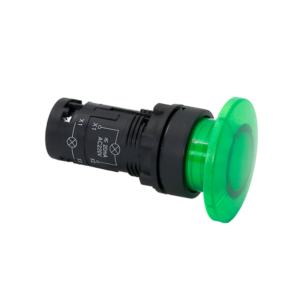 MTB7-EW43616 - Кнопка грибовидная зеленая с подсветкой, Ø40 мм, 1NO, 220V AC, IP54, пластик